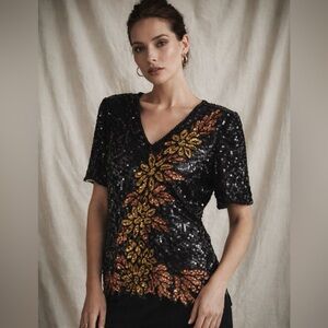 Vintage Stenay Black Sequin‎ Beaded Top XL | Floral Embellished Evening Blouse